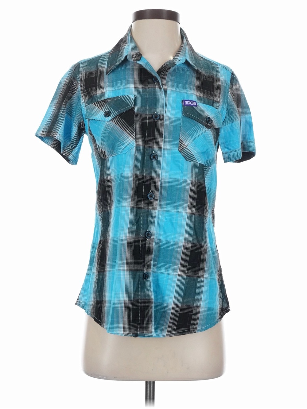 DIXXON Turquoise Black Plaid Short-Sleeve Button-Down Shirt Small